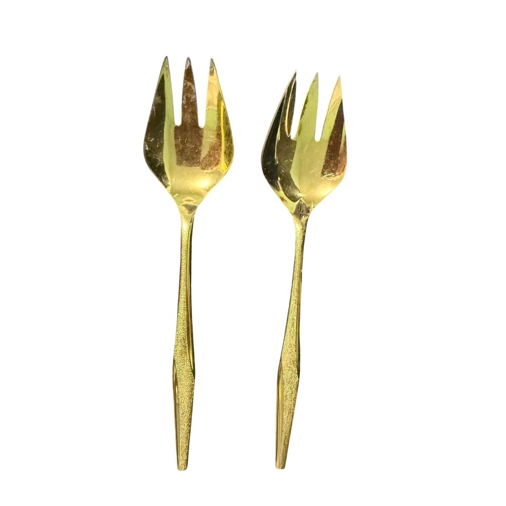 Vintage Flameline Gold Tone Bark Textured Salad Serving Set MCM Flatware 2pc